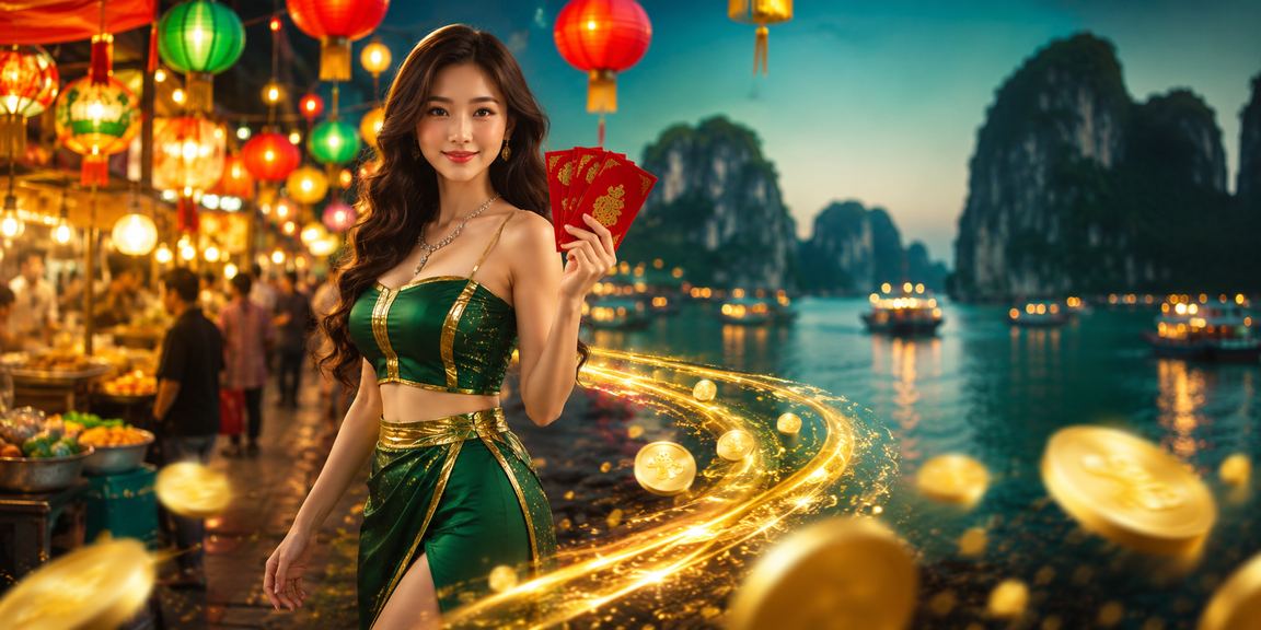 Cảnh chợ đêm Hạ Long với phong bì đỏ may mắn, biểu tượng thưởng và lễ hội